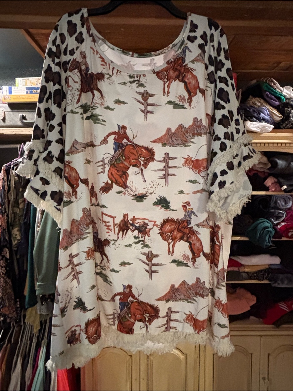 SHEIN White Western Cowboy Print Blouse with Black Spotted Sleeves